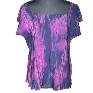 Ivy Reed Purple Blue Tie Dye Rayon Top Artsy Shirt SM Square Neck Boho Revival